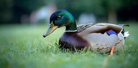 A close-up of a mallard duck resting on green grass.