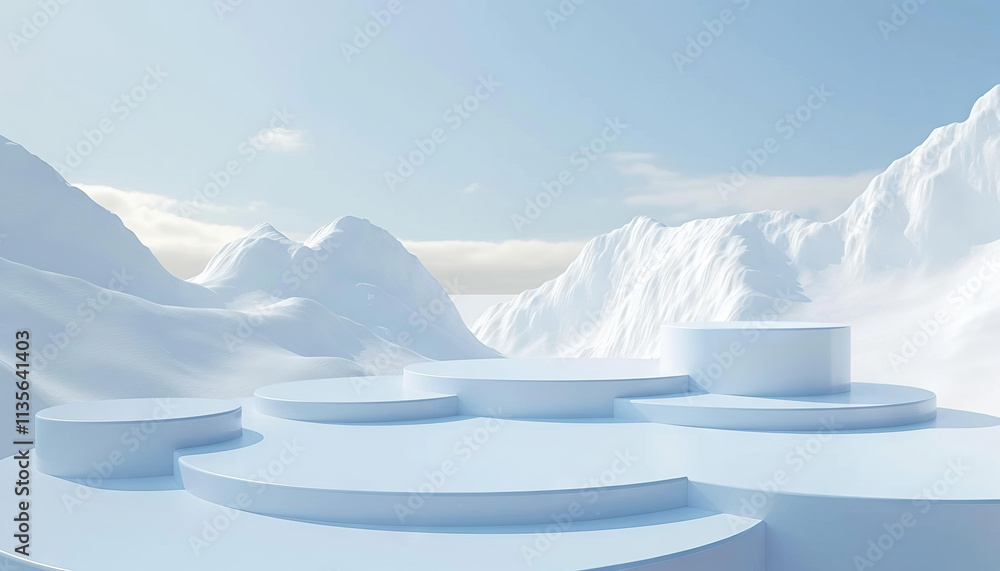 Poster Multi-Level Display Platform with Snowy Mountain Background