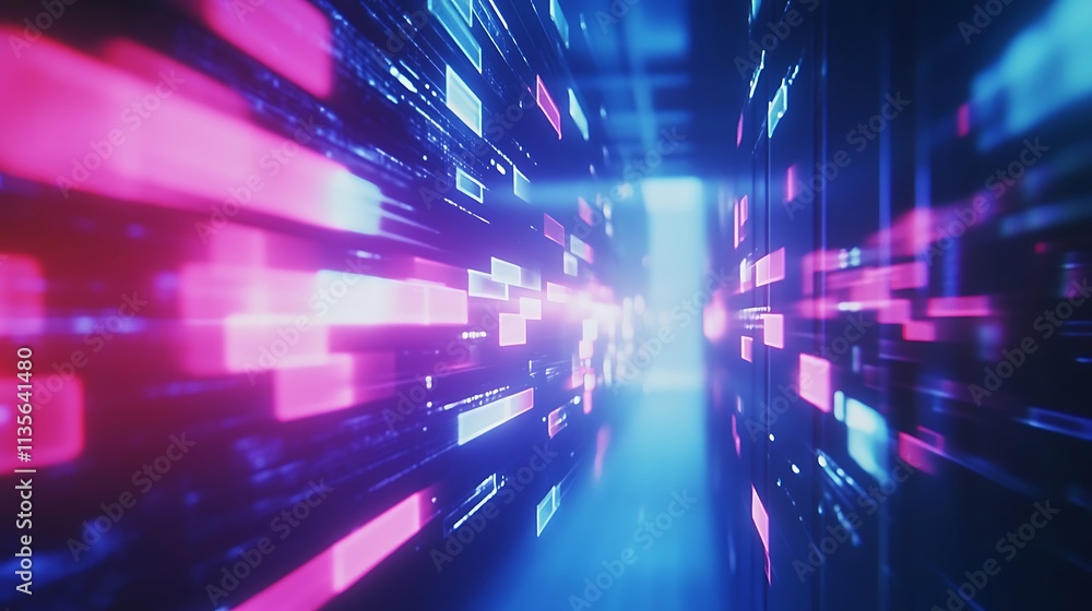 Poster abstract digital pathway with glowing blocks.