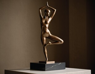 A bronze statue of a woman in a yoga pose, standing on one leg, is displayed on a marble base.