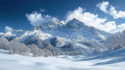 a snowy mountain range with blue sky and clouds