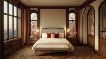 Luxurious bedroom with large windows, hardwood floors, and elegant furnishings.