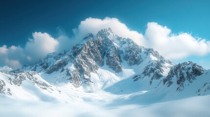 a snowy mountain range with blue sky and clouds