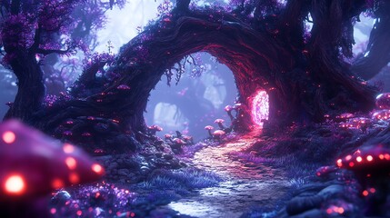 A mystical forest scene with glowing mushrooms and a portal in a vibrant, enchanted atmosphere.