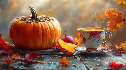 A vibrant autumn-inspired presentation of lentil soup, loaded with seasonal vegetables like pumpkin and parsnips, garnished with toasted seeds, placed on a rustic wooden table with a cup of tea,