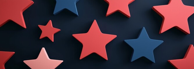 Obraz premium A vibrant arrangement of red, blue, and star-shaped decorations against a dark background, evoking a festive or patriotic theme.