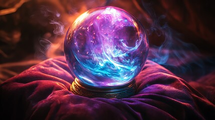 A mystical crystal ball emitting colorful light and swirling smoke, resting on a plush surface.