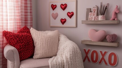 A small home office turned Valentine-themed corner with heart-shaped wall decals, a cozy blanket on the chair, and "XOXO" in funky bubble letters on a framed shelf.