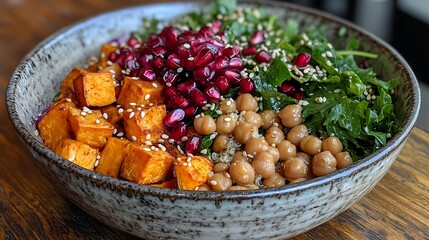 A vibrant Buddha bowl filled with roasted sweet potatoes, spiced chickpeas, quinoa, and fresh greens, drizzled with creamy tahini sauce, garnished with sesame seeds and pomegranate arils,