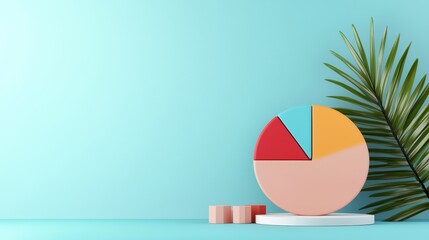 Fototapeta premium A colorful pie chart sits on a table next to a green palm leaf, against a soft blue background, symbolizing data analysis and statistics.