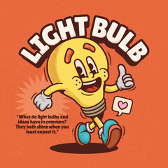 Light Bulb Trendy Retro Cartoon Vector Hand Drawn