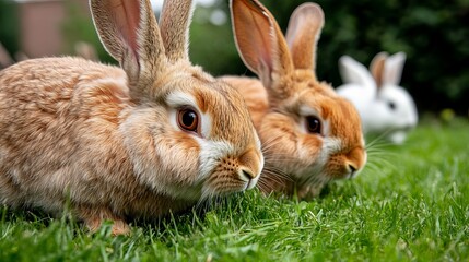 Two brown rabbits resting on lush green grass with a white rabbit in the background, showcasing their soft fur and curious expressions.
