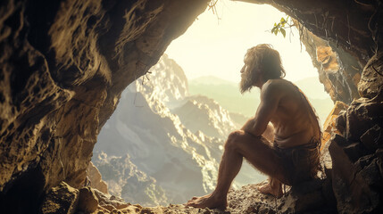 A solitary, bearded primitive man in loincloth silhouetted in the entrance of a cave, gazing out at the rugged, sunlit landscape below. Homo sapiens with consciousness