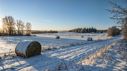 Winter landscape with snow, sunshine and hay bales in the countryside