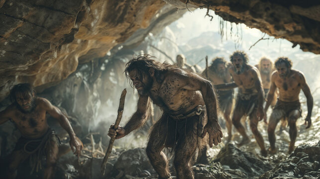 Prehistoric humans traversing a grassy hill under a dramatic cloudy sky. Three tribal men in primitive clothing, carrying tools, walking through wild terrain enter in a cave.