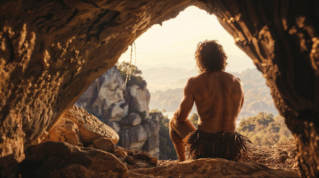 Rugged back of a primitive man contemplating wilderness from within a rocky cave, bathed in warm light, conveying a sense of solitude and introspection. History of homo sapiens.