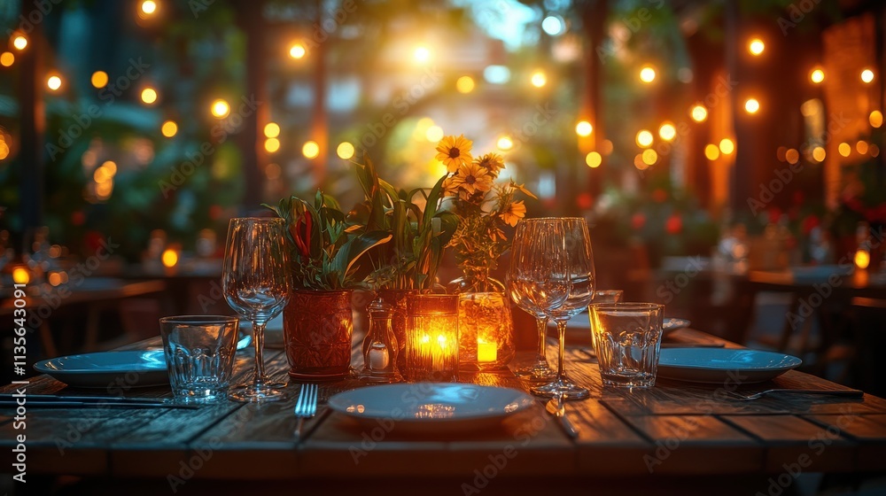 Poster a table with lights in the background
