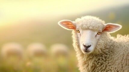 Fototapeta premium A curious young lamb gazes into the camera with soft, woolly fur and bright eyes in a warm, pastoral setting.