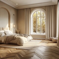 Luxurious bedroom with arched window, herringbone floors, and neutral decor.