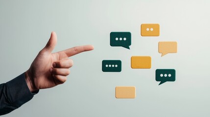A hand points toward colorful speech bubbles, symbolizing communication and conversation in a modern, digital context.