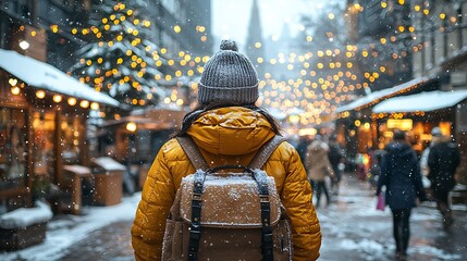 Fototapeta premium Winter shopping lifestyle advertisement poster festive street urban environment young woman with bags