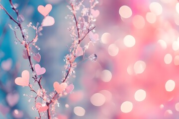 Abstract pink pastel background with white hearts and bokeh for a Valentine's Day banner, wide panorama