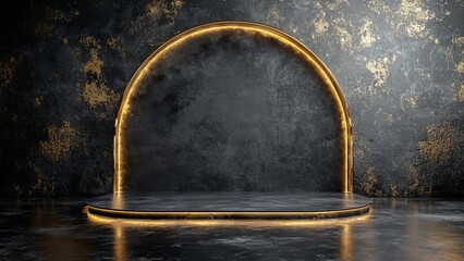 Modern exhibition space with illuminated arch design and dark backdrop