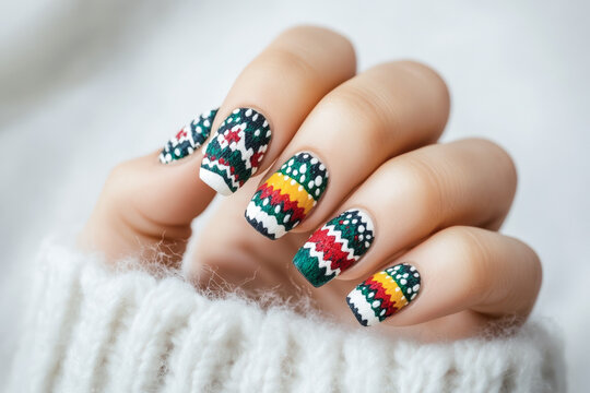 Festive christmas nail art featuring intricate sweater patterns, perfect for holiday beauty and lifestyle content. - Powered by Adobe