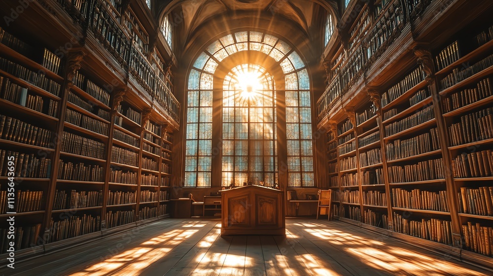 Poster a sunlit library filled with books, creating a serene and inviting study atmosphere.