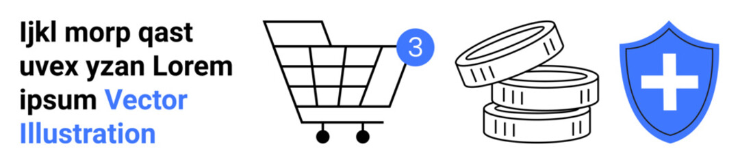 Fototapeta premium Shopping cart with notification, stack of three coins, and a blue security shield with a white cross. Ideal for e-commerce, shopping, currency, online security, digital transactions, financial