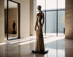 A bronze statue of a woman in a long dress stands in a modern, light-filled room with large windows and a glass door.