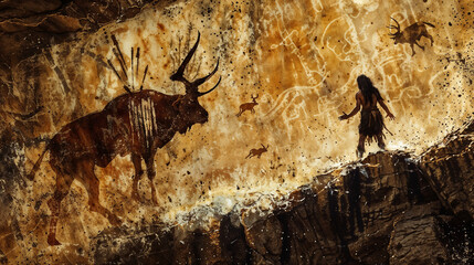 Majestic, prehistoric mural with silhouetted bison, reindeer or deer in a hunting scene, with a prehistoric female shaman observing the artwork and celestial imagery in rustic, earthy tones.