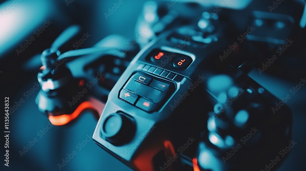 Poster close-up car console controls with lit buttons and blurred elements.