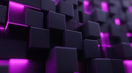 Fototapeta premium Abstract Purple and Black Cubes 3D Render: A Digital Artwork of Geometric Shapes with Neon Lights