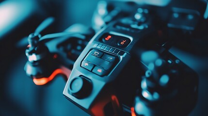 Close-up car console controls with lit buttons and blurred elements.