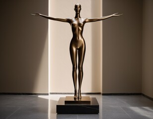 A bronze statue of a nude female figure with outstretched arms stands on a black pedestal in a minimalist room with a white wall and gray floor.