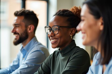 Diverse Group of Professionals Smiling in Office Setting, Perfect for Team Building and Diversity Training Materials