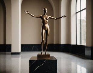 A bronze statue of a nude female figure with outstretched arms stands on a marble pedestal in a spacious room with arched windows.
