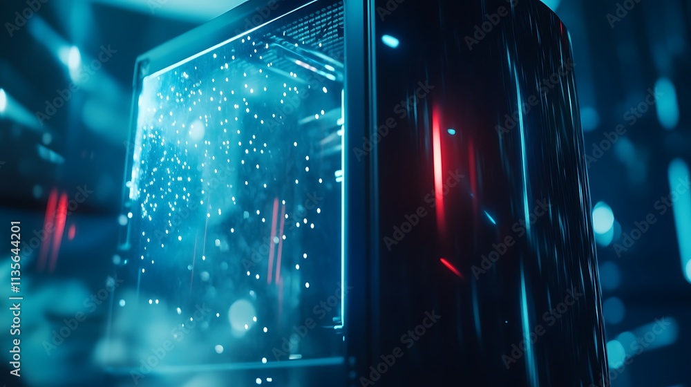 Poster computer case with internal light, fog, and bokeh.