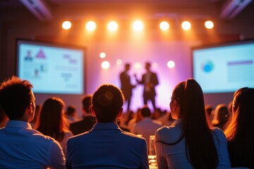 Captivating Conference Presentation with Engaged Audience in Modern Auditorium, Perfect for Business and Corporate Training Materials