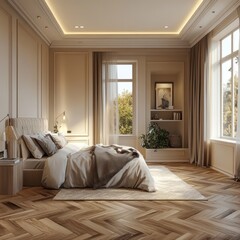 Luxurious beige bedroom with herringbone floors, large windows, and elegant decor.