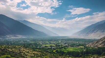 Mountain Valley Village: A Sunny Day in the High Country. AI Generated