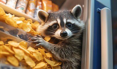 Raccoon stealing chips from refrigerator.