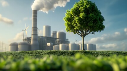 Obraz premium Lush Green Tree Against Industrial Landscape: A 3D Render of Environmental Contrast. AI Generated