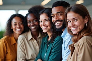 Obraz premium Diverse Group of Young Professionals Smiling Together in Office Setting, Perfect for Team Building and Diversity Initiatives