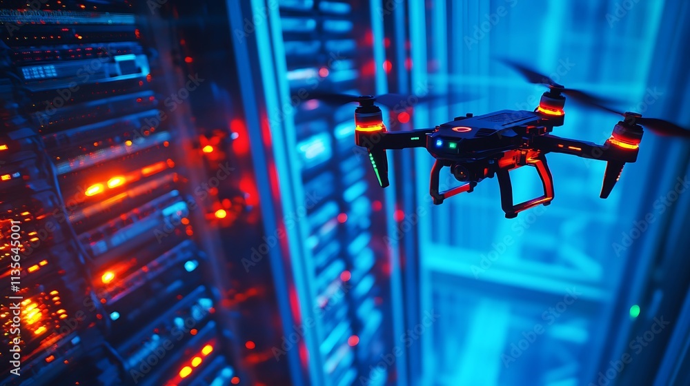 Poster drone flies near server racks with glowing lights in a dark setting.