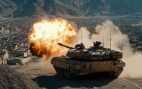 A Bradley tank unleashes a fiery blast, its shell arcing towards a distant city, a dramatic display of military power. Dust and smoke fill the air.