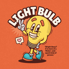 Light Bulb Trendy Retro Cartoon Vector Hand Drawn