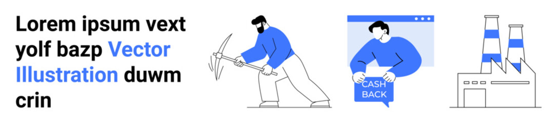 Worker with pickaxe, person holding cash back sign, industrial factory. Ideal for business, economy, labor, finance, industrial automation, e-commerce, and manufacturing themes. Landing page