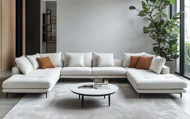 Modern white sectional sofa in minimalist living room with round coffee table, orange pillows, and large plant.